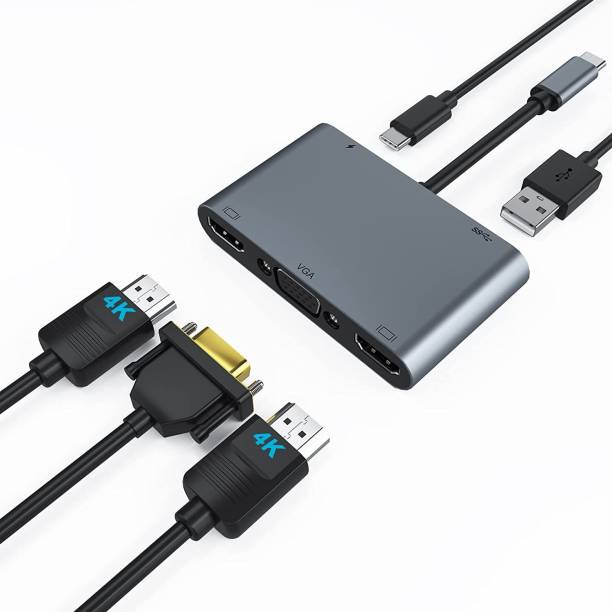 Etzin Type C 0.09 m USB C Hub Multiport Adapter 5 in 1, USB C Dongle to 2 4K HDMI, VGA, USB C