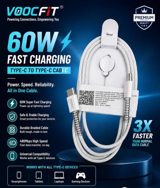 VOOCfiT Type C 6 A 1 m COPPER BRAIDING 60W Fast Charging C2C Cable l PD Charger for Phone 15, 16, 17 & 35W FASTcharge