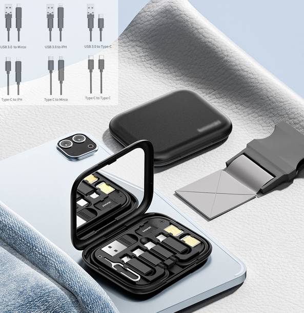 SANNO WORLD Power Sharing Cable 0.3 m Multi-Functional Compact Cable Card, Portable Storage Box with USB A/Type C/Micro USB/Light USB Adapter Kit