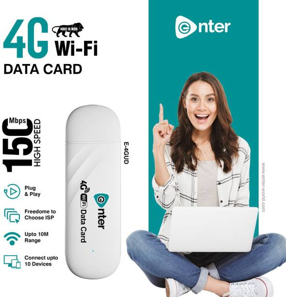 Enter 4G USB WI-FI SIM MODEM GREEN SIM DATA CARD (E-4GUD) 150 Mbps Data Card ,Calls not Supported