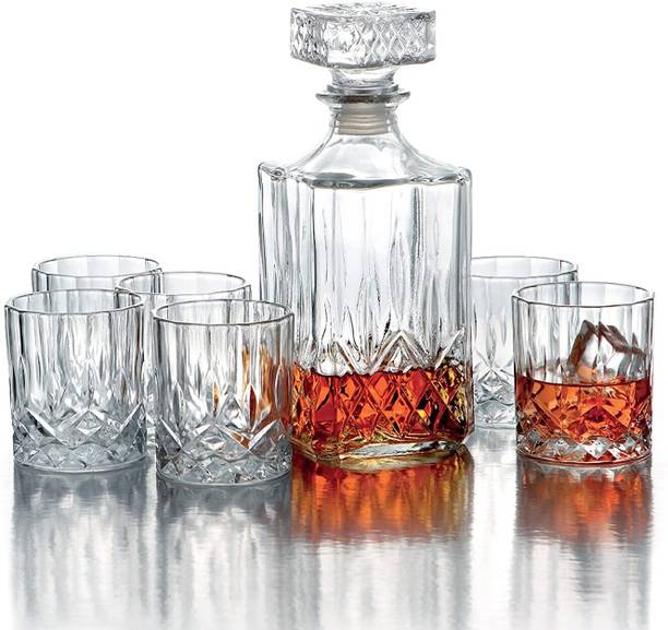 GREATZON [Pack of7] European Style Square 1 Decanter with Whisky Glass Set of 6 Home, Bar, Restaurant Decanter