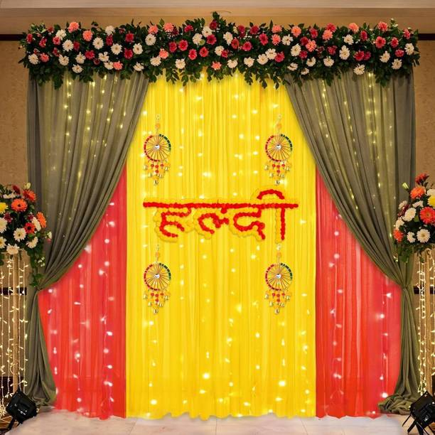 specialyou.in Yellow, Red, Green Curtains with Haldi Banner & Latkan, Wedding Decoration Items, Home Decor