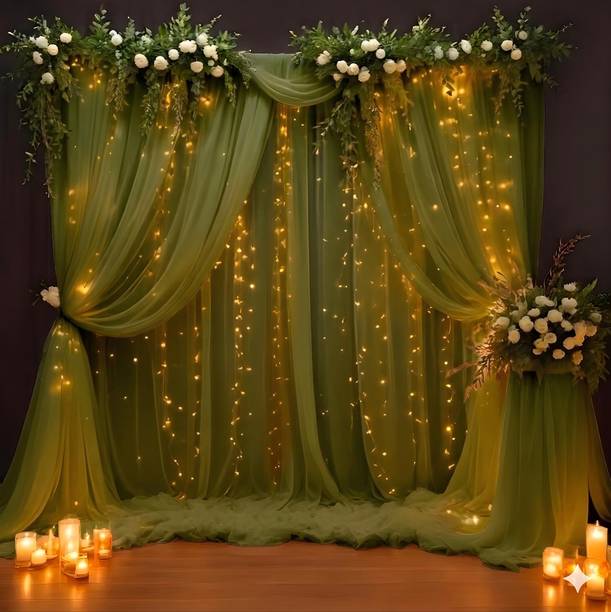 Bubble Trouble Green Sheer Curtain Backdrop with LED Fairy Lights for Event Decoration