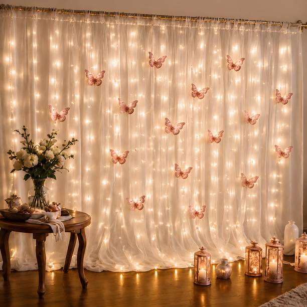Surprise Décor Rosegold Party Decoration Curtain Set with LED Light & Butterflie