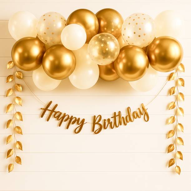 the fomo factory Premium Golden Birthday Decoration Kit With Golden Leaves, Balloons, Banner
