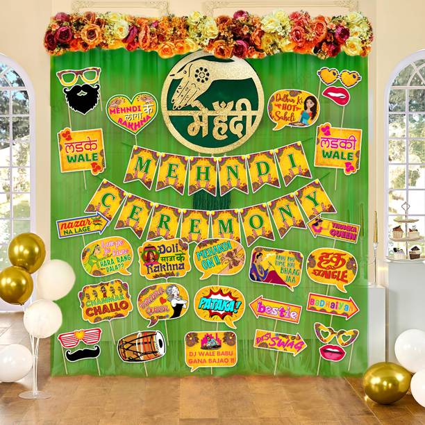 ZYOZIQUE Multicolor 31 Pcs Mehndi Decoration Combo Items For Mehndi Ceremony, Banner, Hanging Board