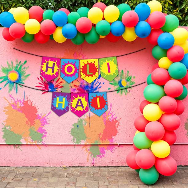 1iAM Multicolor Holi Decoration Combo Pack of 52 - "HOLI HAI" Banner, 50 Balloons & Arch