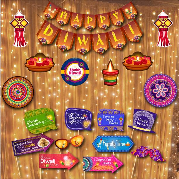 R G ACCESSORIES Happy Diwali Banner & Cut outs & Photobooth Props With Fairy Lights