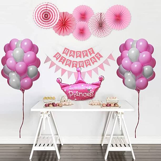 specialyou.in Pink Theme Birthday Decoration item for girls with Pastel Pink, and White Balloon Pink Crown foil Balloon and Pink paper fan and flag- 51Pcs