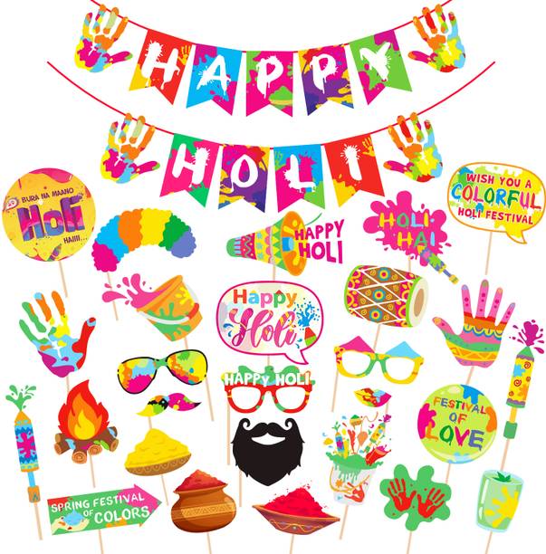 ZYOZIQUE Multicolor Happy Holi Decoration Combo, Photo Booth Props, Banner (Pak Of 27)