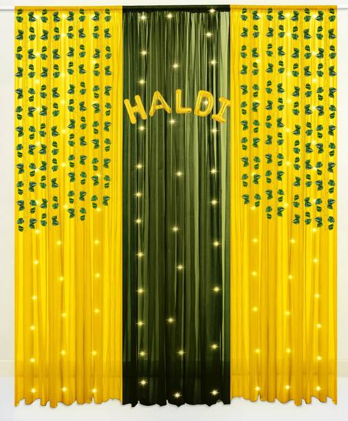 PARTY MIDLINKERZ Solid Yellow and Green Net Curtain Backdrop Combo for Haldi/Mehendi Wall Decor ations Balloon