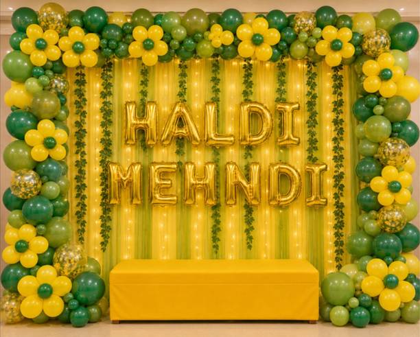 pbbs Yellow green haldi mehndi net decoration combo set