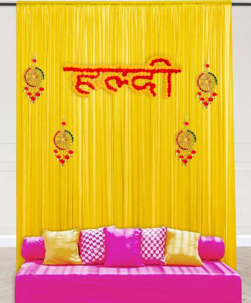 specialyou.in Yellow Haldi Decoration Items for Home, Haldi Backdrop Decoration, Backdrop for Decoration, Haldi Decor with Multicolor Chakra latkans & Haldi Banner - 11 Pcs