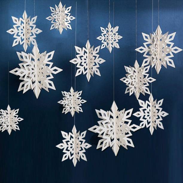 UGS Silver Snowflakes with String Xmas Trees Decor for Christmas Newyear Hanging Snow Flake Pack of 14