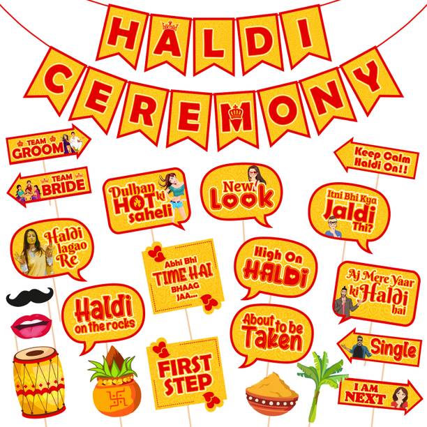 ZYOZIQUE Yellow, Red 22 Pcs Haldi Props For Photoshoot- Banner, Photobooth Props For Bride and Family
