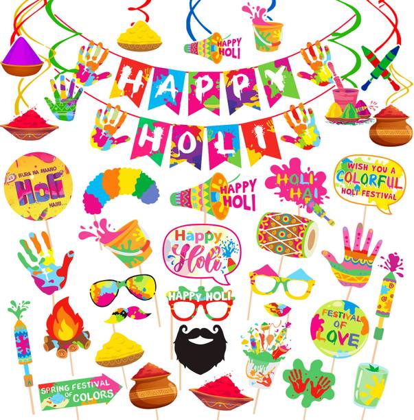 ZYOZI Multicolor Holi Decoration Items for Party-Banner,Swirls & Photo Booth (Pack Of 37)