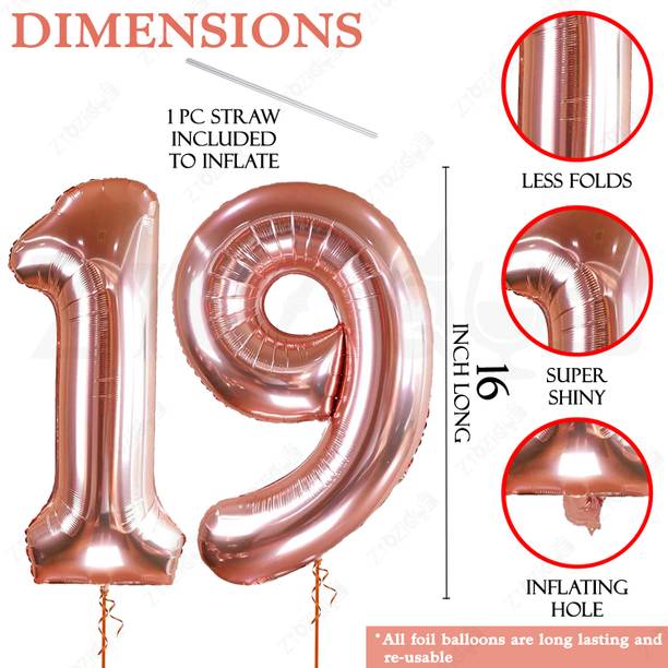 ZYOZIQUE Rose Gold 19 Number Foil Balloons Mylar Helium Number Balloons (Pack Of 2)