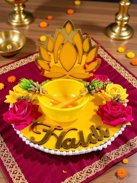 Wedlock Handcrafted Haldi Ceremony Tray, Decorative Platter Wool Decorative Platter