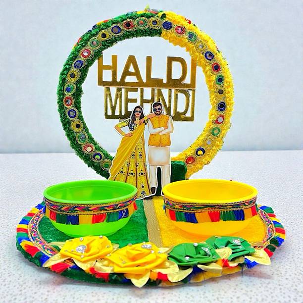 Raghav Decoration Haldi Mehndi Decoration Platter with Bride Groom Cutout & 2 Bowls Wood Decorative Platter