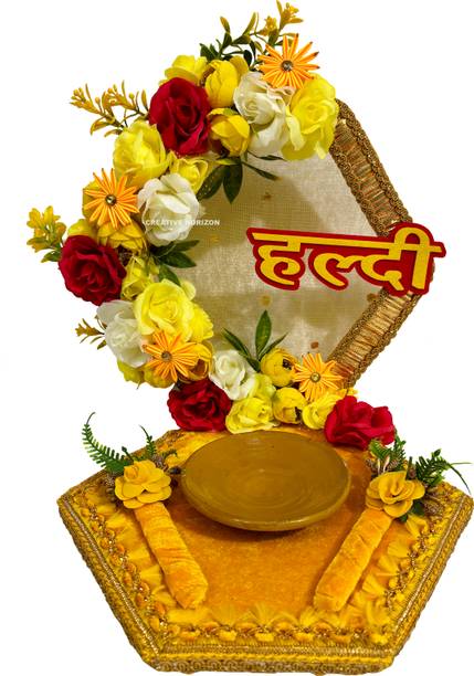 Creative Horizon Handcrafted Artificial Flower Haldi Platter for shaadi Decor,Haldi Ceremony Wood, Plastic Decorative Platter