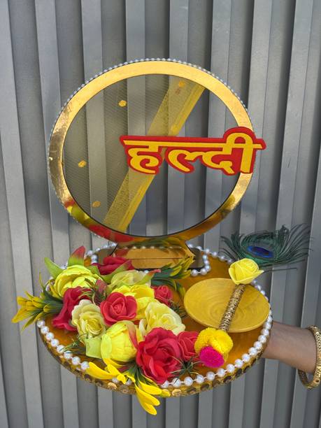 Creative Horizon Handcrafted Artificial Flower Haldi Platter for shaadi Decor,Marriage Wood, Plastic Decorative Platter
