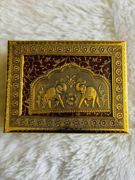 RIDDHI Golden Elephant Design Decorative Dry Fruit Box with 4 Compartments Brass Decorative Platter