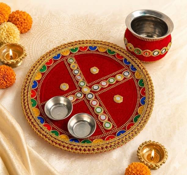 Wedlock 11 Inches Pooja Thali Set With 1 Lota +2 Bowls| Stainless Steel Aarti Plate Stainless Steel Decorative Platter