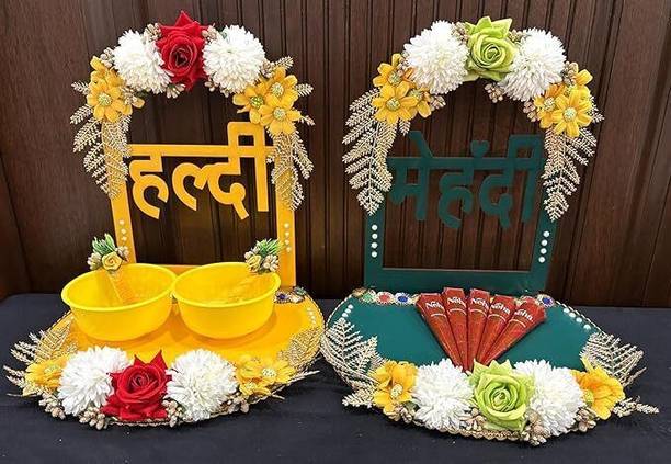 Wedlock Haldi Mehendi Tray | Combo of Haldi Mehendi Platter Wood Decorative Platter