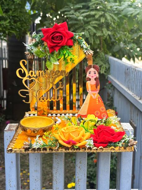 Creative Horizon Handcrafted Artificial Flower Haldi Platter With Name for shaadi Decor,Marriage Wood, Plastic Decorative Platter