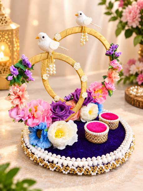 Wedlock Engagement Ring Platter Tray Holder with Artificial Flowers Wood Decorative Platter