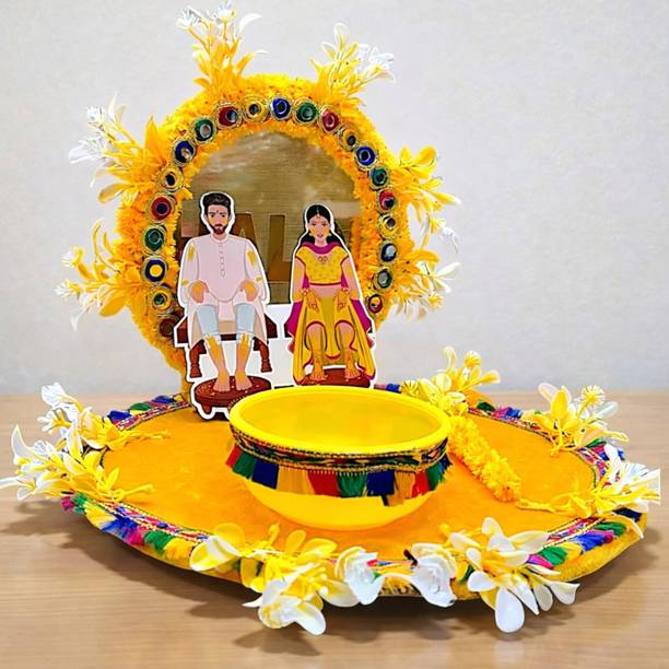Raghav Decoration Haldi Ceremony Decoration Set for Bride & Groom | Yellow Haldi Thali Wood Decorative Platter