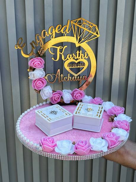 Creative Platter Artificial Flower Design Engagement Ring Tray Platter, Name and date ,Ring plate Wood, Plastic Decorative Platter