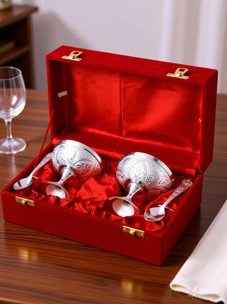 Shreeng Silver Plated 2 Ice Cream Mug With Spoon Brass Decorative Platter