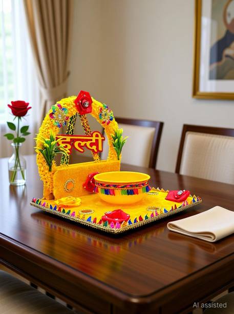 Raghav Decoration Beautiful Haldi Platter Tray | Wedding Decoration Haldi Plate | Haldi Thali Wood Decorative Platter