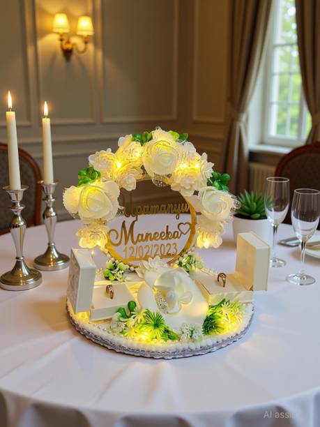 Unique Palette Beautiful White Engagement Wedding Ring Platter With Customized Name and Date Wood Decorative Platter