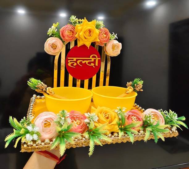 Wedlock Handcrafted Haldi Ceremony Tray, Decorative Platter Wool Decorative Platter