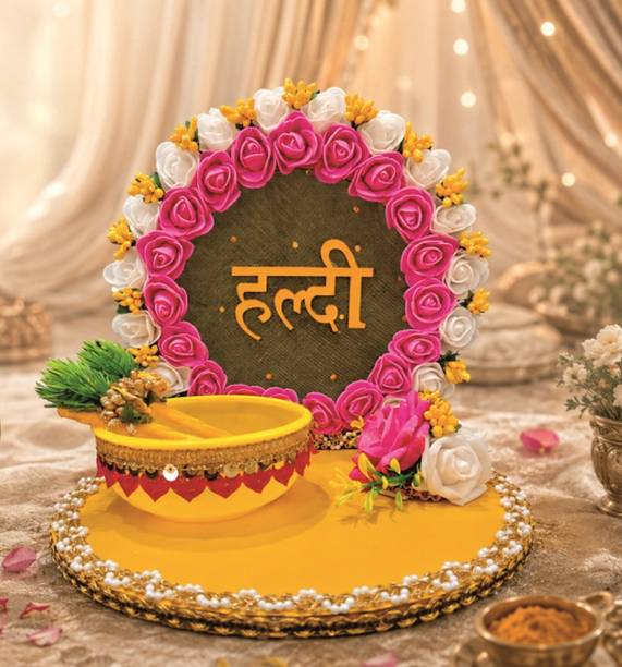 Wedlock Handcrafted Haldi Platter Decorative Round Thali for Wedding Ceremony Wood Decorative Platter