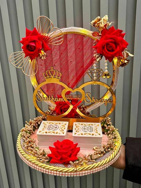 Creative Platter Artificial Flower Design Engagement Ring Tray Platter, Name Plate with Date Wood, Plastic Decorative Platter