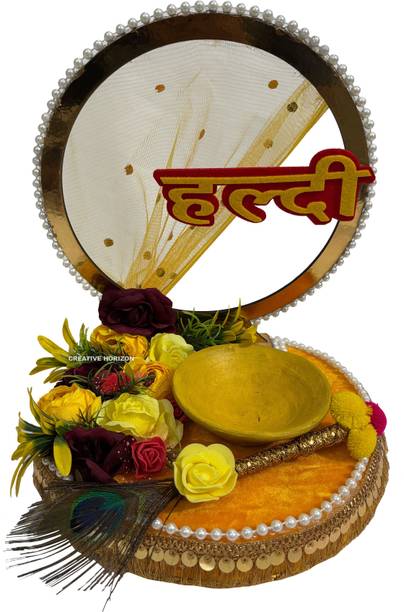 Creative Horizon Handcrafted Artificial Flower Haldi Platter for shaadi Decor,Marriage Wood, Plastic Decorative Platter