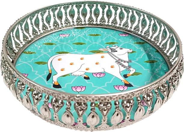 SDC German Silver Holi Pichwai Art Cow Green Tray Silver Plated Decorative Platter