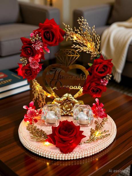 Creative Platter Red Artificial Flower Design Engagement Ring Tray Platter, Name Plate,Ring plate Wood, Plastic Decorative Platter