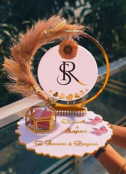 Unique Palette Personalized Engagement Wedding Ring Platter with Customized Names and Logo Wood Decorative Platter