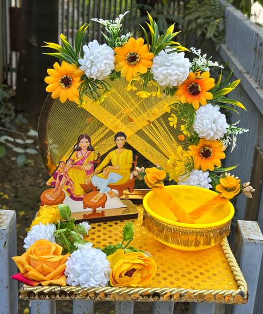 Creative Horizon Handcrafted Artificial Flower Haldi Platter for shaadi Decor,Marriage Wood, Plastic Decorative Platter