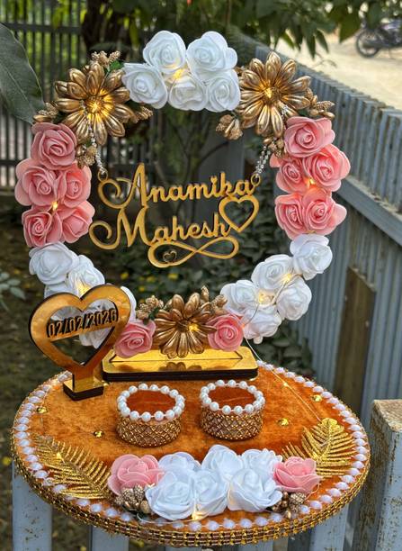 Creative Platter Artificial Flower Design Engagement Ring Tray Platter, Name and date ,Ring plate Wood, Plastic Decorative Platter