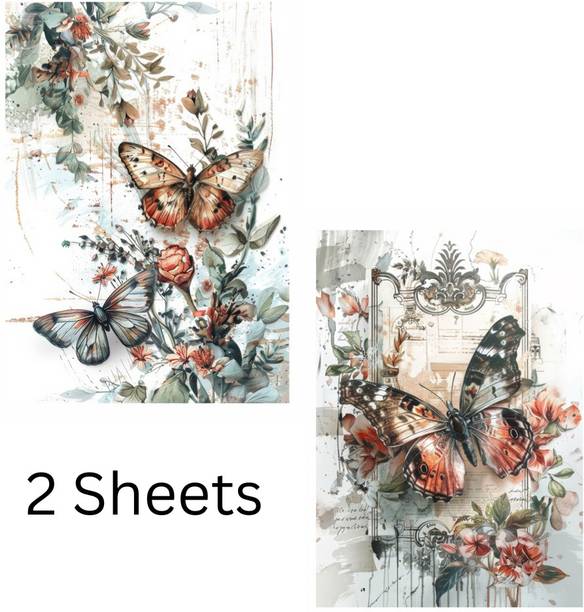 LITTLE BIRDIE Butterfly Elegance Filament Decoupage Paper A4 2Sheets 60GSM Craft Art Matte Finish Decoupage Medium