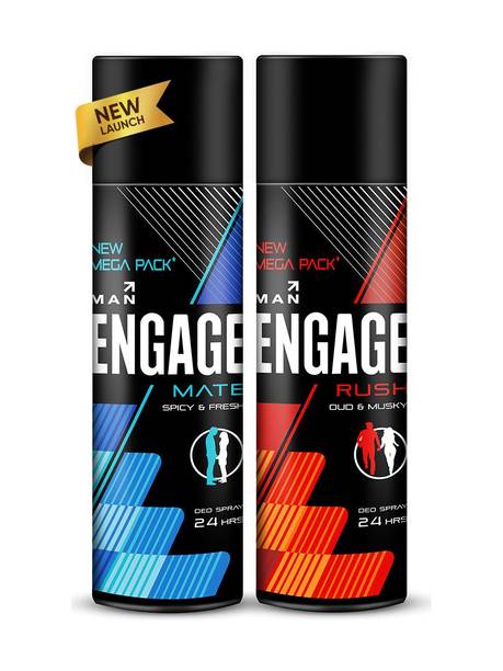 Engage Mate & Rush Mega Pack Deo Combo for Men 220ml x2, Long Lasting Deo Spray Deodorant Spray - For Men