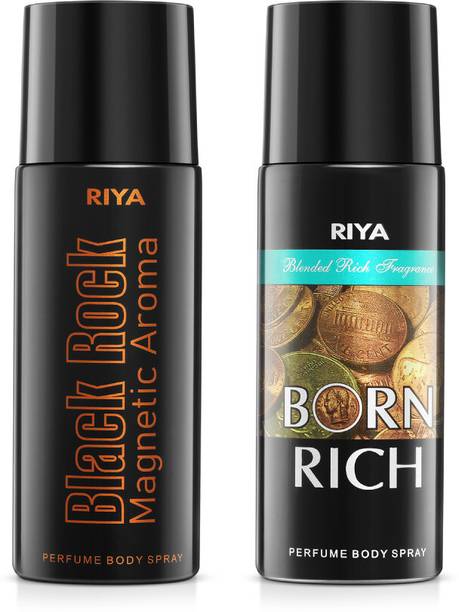 RIYA Black Rock And Born Rich Body Spray Deodorant For Unisex Pack Of 2 150 Ml Each Deodorant Spray  -  For Men & Women