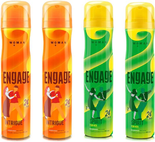 एंगेज Deo Combo, 2 Intrigue for Her (150ml) & 2 Spirit for Her (150ml), (Pack of 4)  -  महिलाओं के लिए