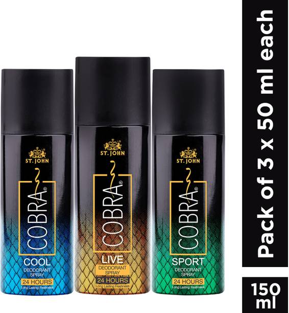 ST-JOHN Cobra Deo Live, Cool & Sports Deodorant Combo |3x50ml| Deodorant Spray  -  For Men & Women