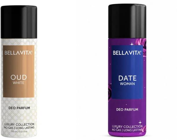 Bellavita Luxury DEODORANT SPRAY 150 ML EACH - OUD WHITE & DATE WOMAN Perfume Body Spray  -  For Men & Women